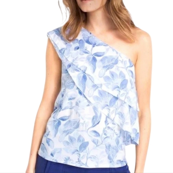 WHBM Womens Floral Print One Shoulder Ruffled Tiered Top Size S - Picture 1 of 13
